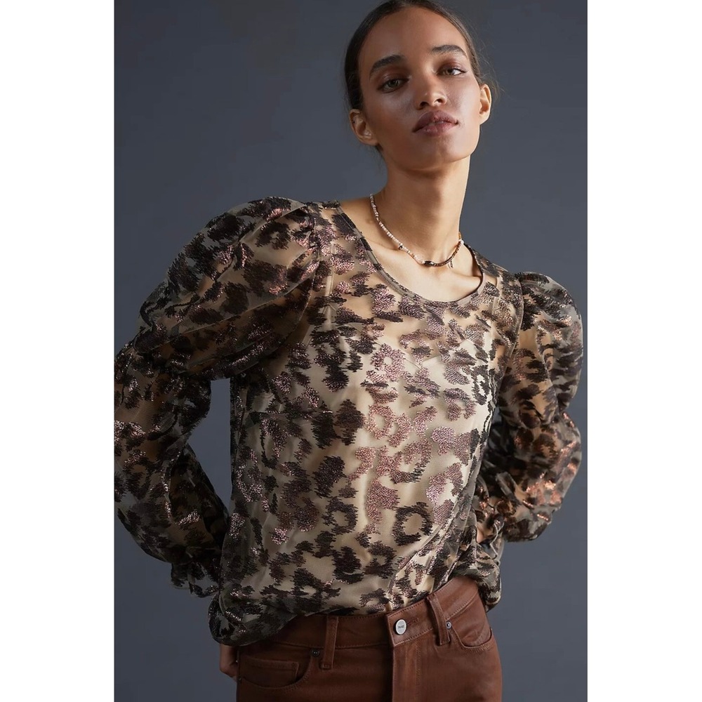 Anthropologie Eva Franco Metallic Leopard Sheer Mesh Puff Sleeve Top Small